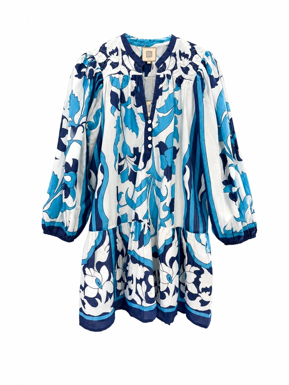 Alicia Bell Navy Embroidered Cotton Silk Mini Dress Boho Tiered Long Sleeve